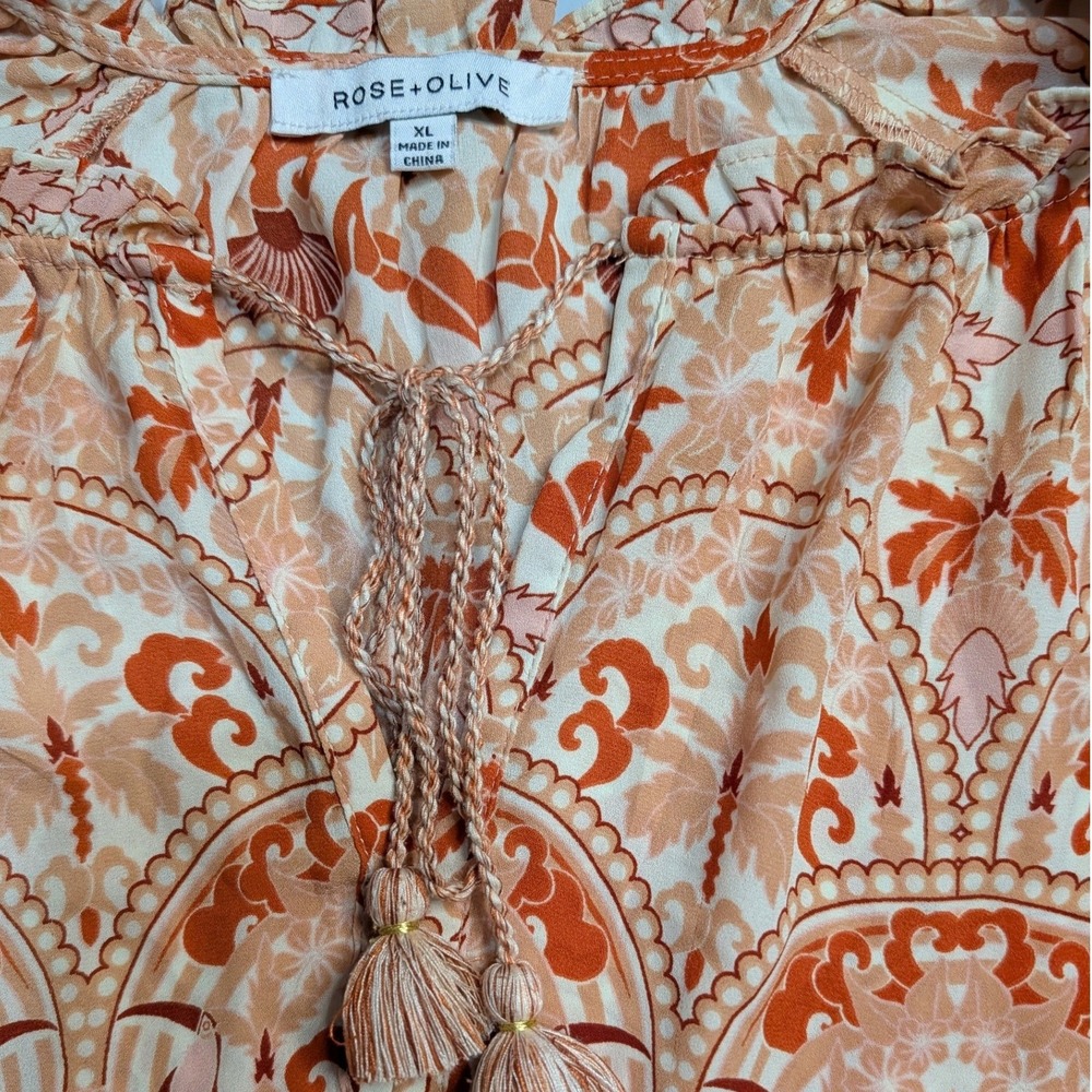 Rose + Olive Orange Paisley Ruffle Flutter Sleeve Tassel Boho Blouse XL - Picture 3 of 7